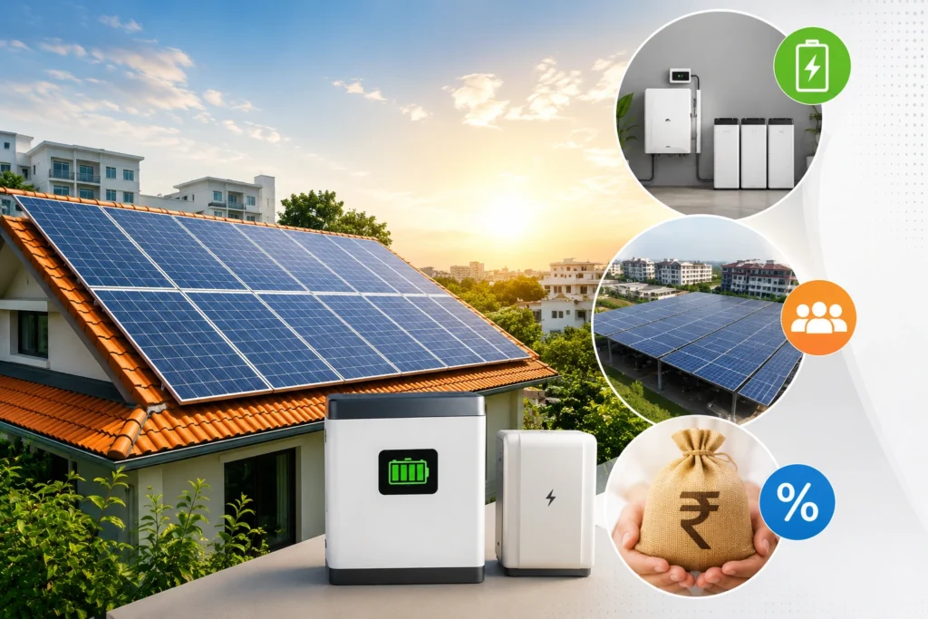 Rooftop solar panels with battery storage system illustrating PM Surya Ghar 2.0 shared solar and subsidy updates for Indian homeowners in 2026.