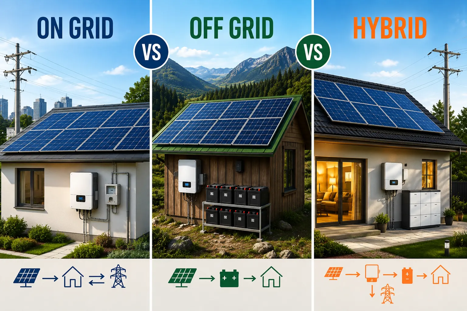 On-grid vs off-grid vs hybrid solar systems shown with solar panels, batteries, homes, and electricity grid connections.