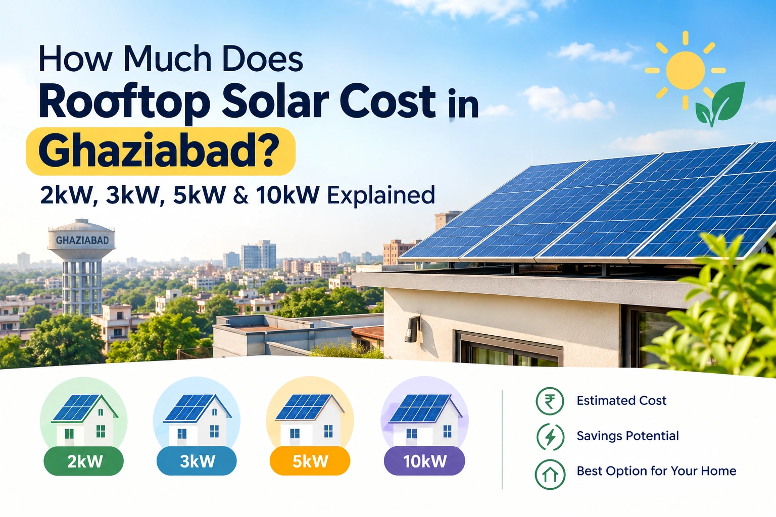 Rooftop solar cost in Ghaziabad for 2kW, 3kW, 5kW and 10kW solar systems