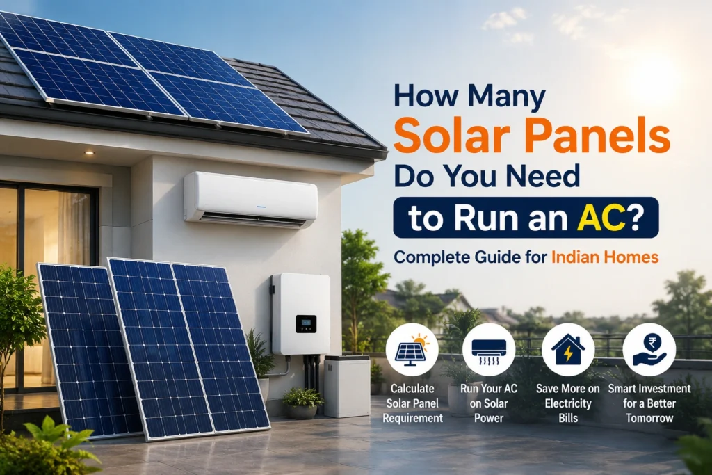 Solar panels powering an air conditioner on a modern Indian home rooftop.